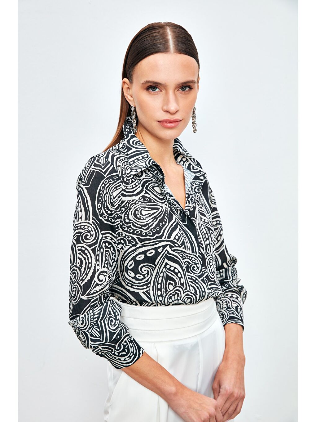 Desenli Düz Gömlek - Siyah-4