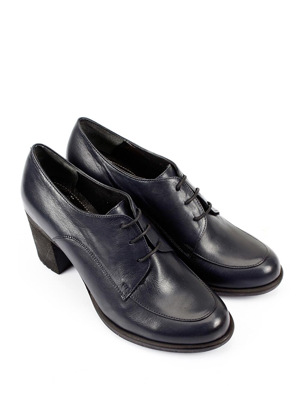 Lacivert LACİVERT  Hakiki Deri Yuvarlak Burun Kalın Orta Topuklu Kauçuk Taban Bağcıklı Kadın Ayakkabı 24071-1