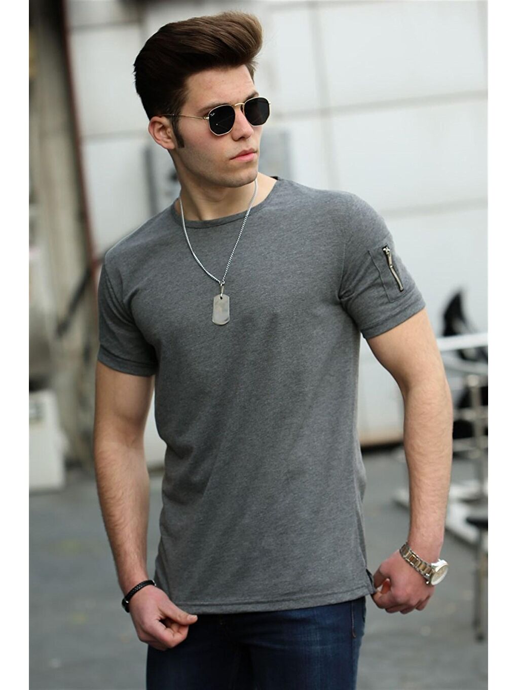Gri Fermuar Detaylı Füme Tişört 4103