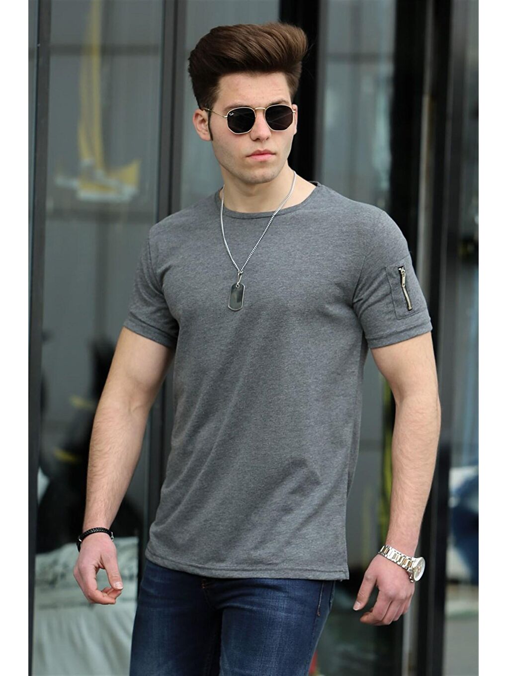 Gri Fermuar Detaylı Füme Tişört 4103-1