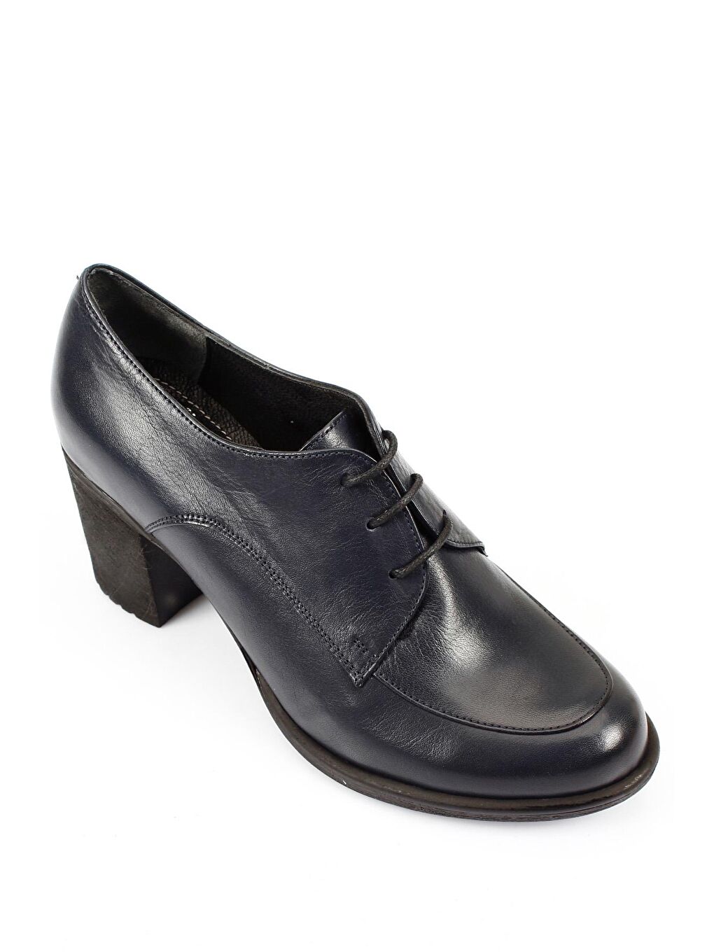 Lacivert LACİVERT  Hakiki Deri Yuvarlak Burun Kalın Orta Topuklu Kauçuk Taban Bağcıklı Kadın Ayakkabı 24071-4