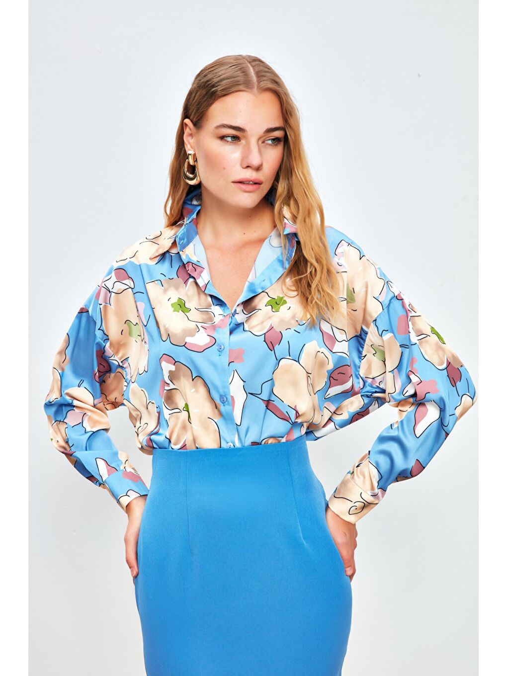 Çiçek Desenli Oversize Gömlek - Bebe Mavi-2