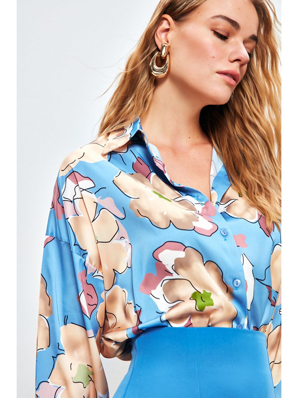 Çiçek Desenli Oversize Gömlek - Bebe Mavi-3