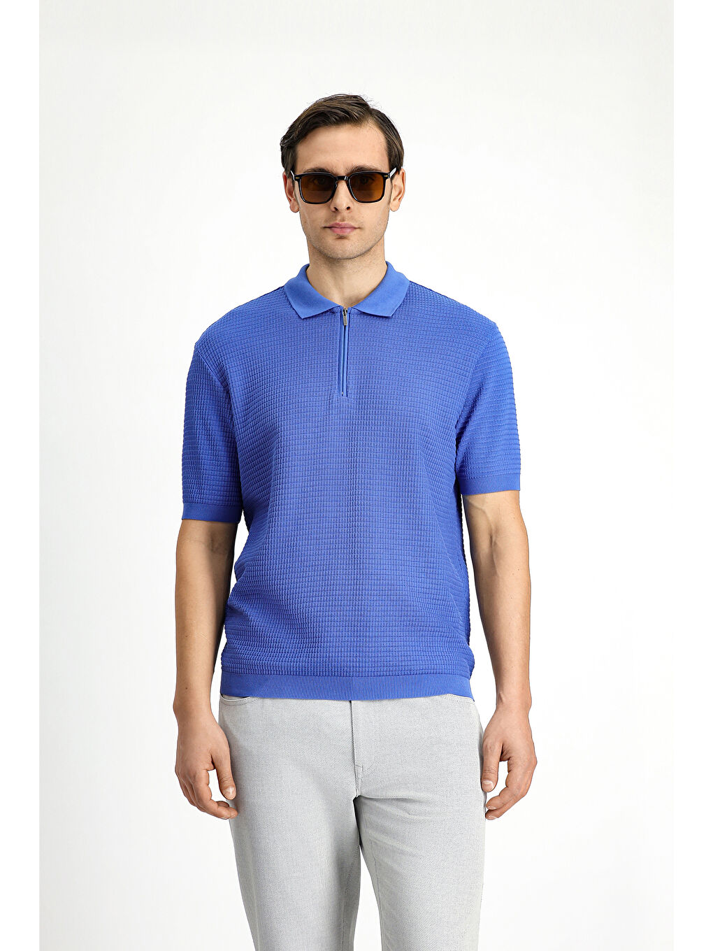 Mavi Slim Fit Dar Kesim Pamuk Desenli Fermuarlı Polo Yaka Tişört-2