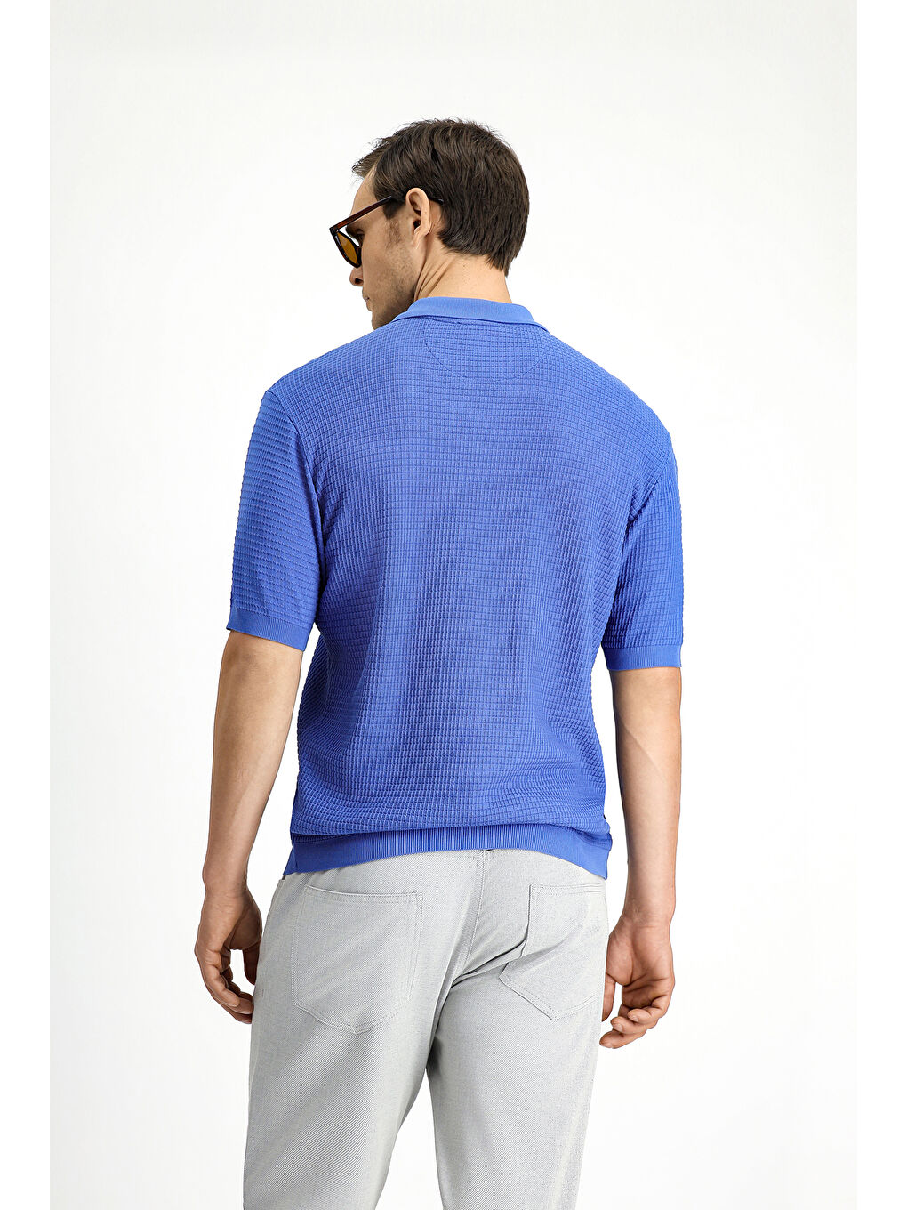 Mavi Slim Fit Dar Kesim Pamuk Desenli Fermuarlı Polo Yaka Tişört-3