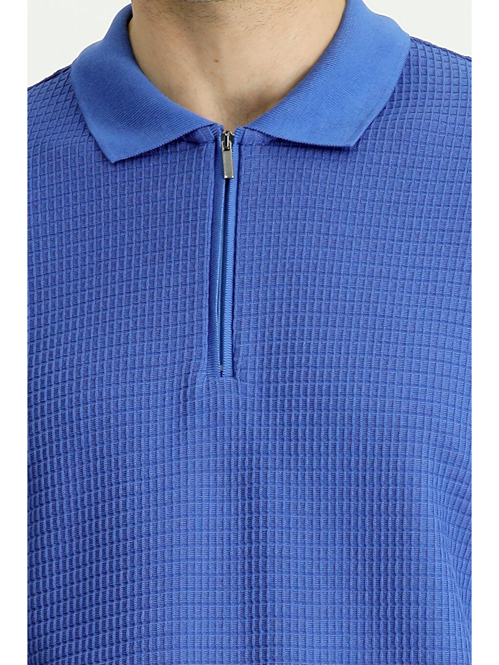 Mavi Slim Fit Dar Kesim Pamuk Desenli Fermuarlı Polo Yaka Tişört-4