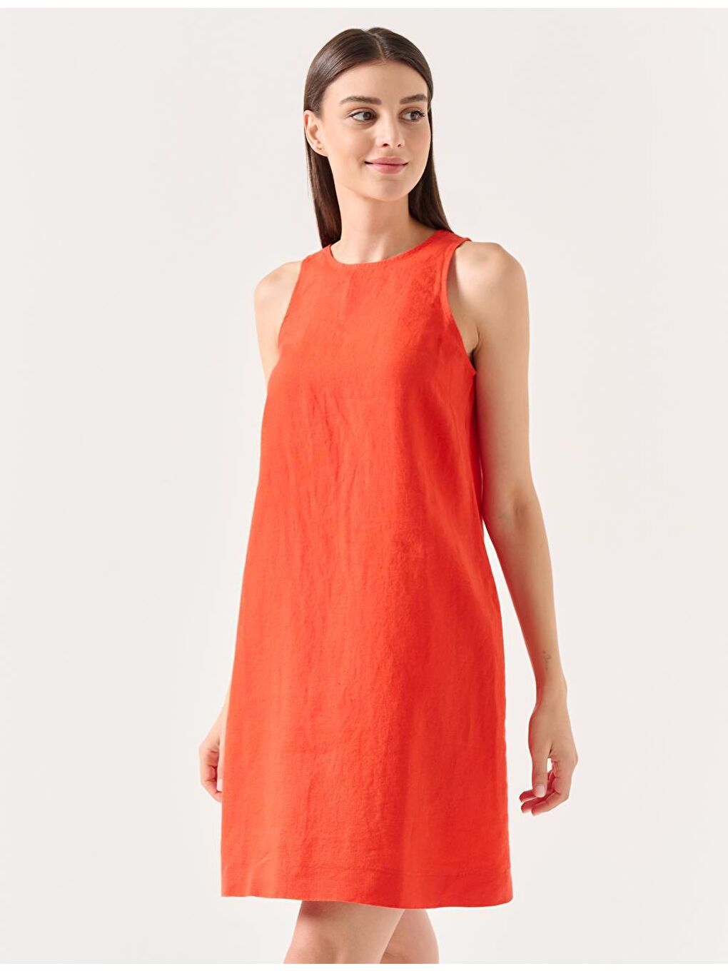 Turuncu Düz Kesim Bisiklet Yaka Kolsuz Dokuma Keten Elbise