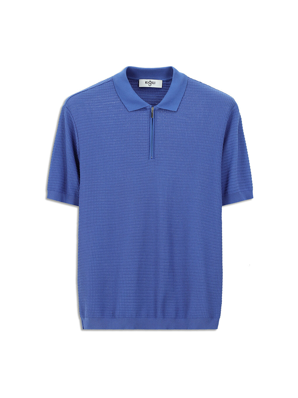 Mavi Slim Fit Dar Kesim Pamuk Desenli Fermuarlı Polo Yaka Tişört-5