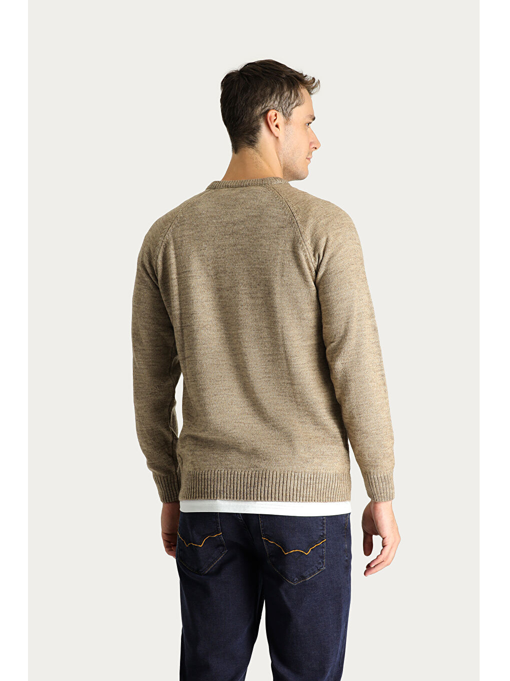 Bej Bisiklet Yaka Regular Fit Desenli Triko Kazak-2