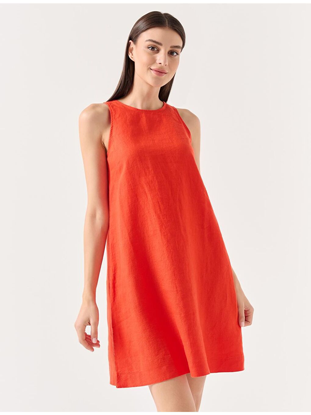 Turuncu Düz Kesim Bisiklet Yaka Kolsuz Dokuma Keten Elbise-1