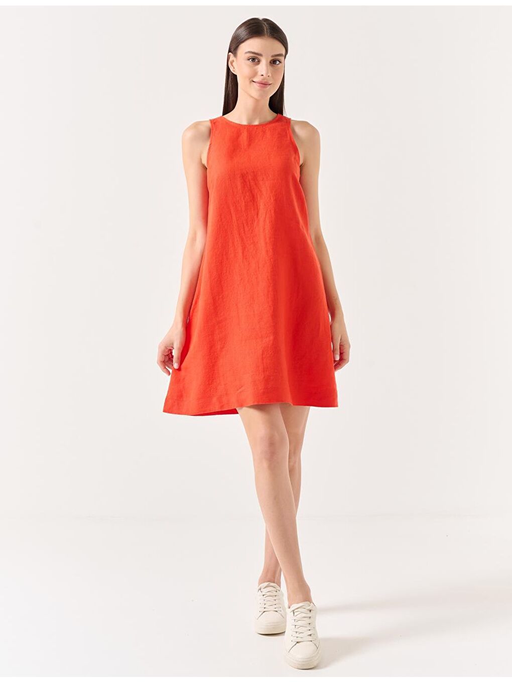 Turuncu Düz Kesim Bisiklet Yaka Kolsuz Dokuma Keten Elbise-2