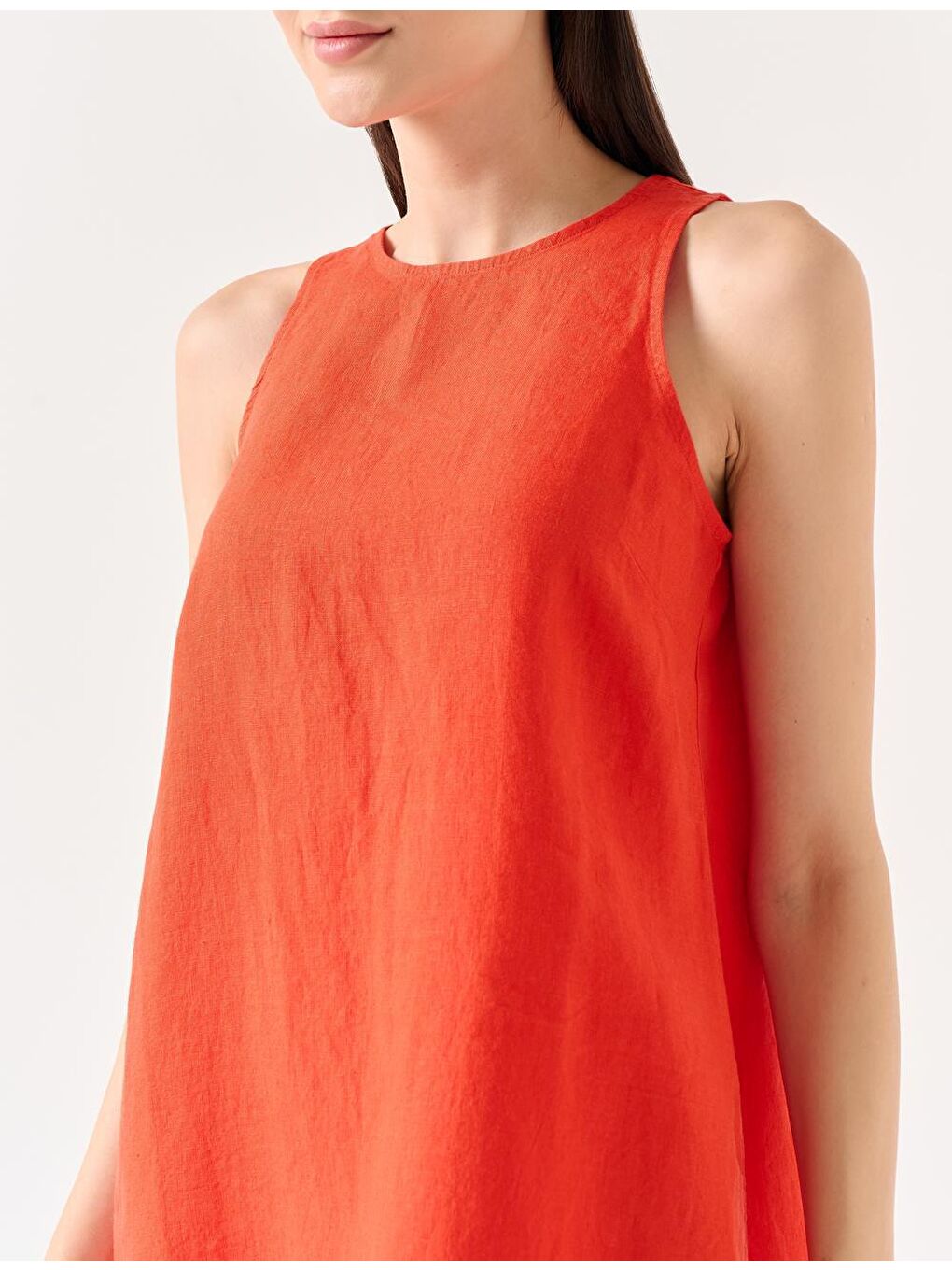 Turuncu Düz Kesim Bisiklet Yaka Kolsuz Dokuma Keten Elbise-3