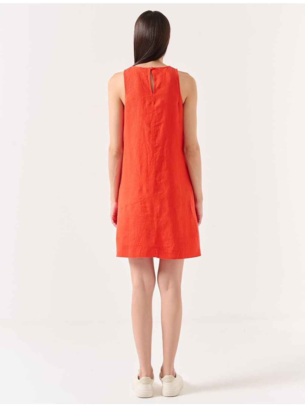 Turuncu Düz Kesim Bisiklet Yaka Kolsuz Dokuma Keten Elbise-4