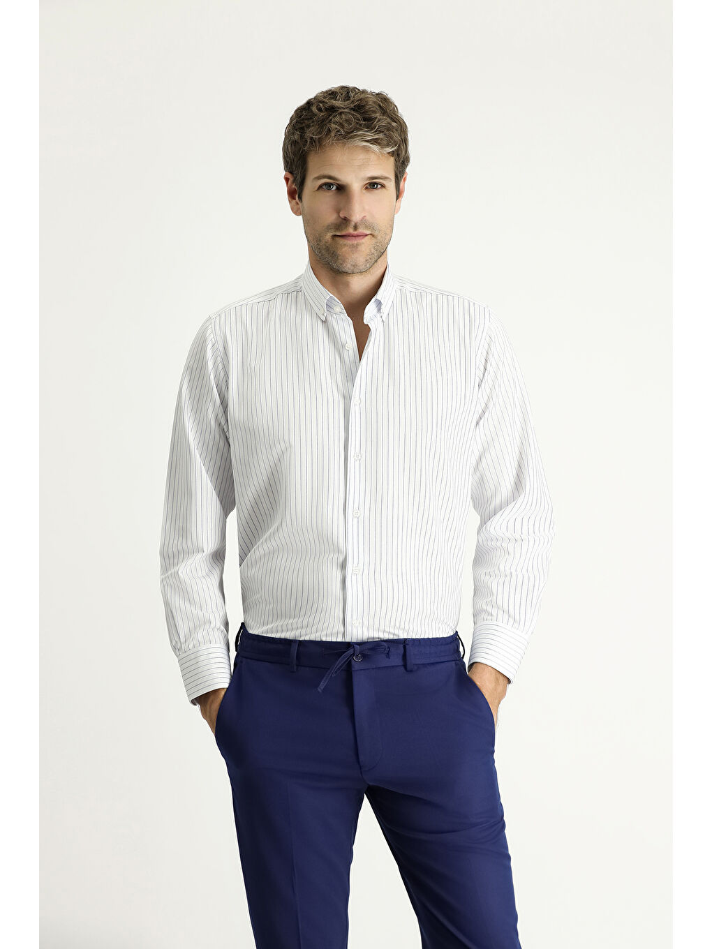 Mavi Uzun Kol Klasik Çizgili Pamuklu Kolay Ütülenebilir Gömlek-2