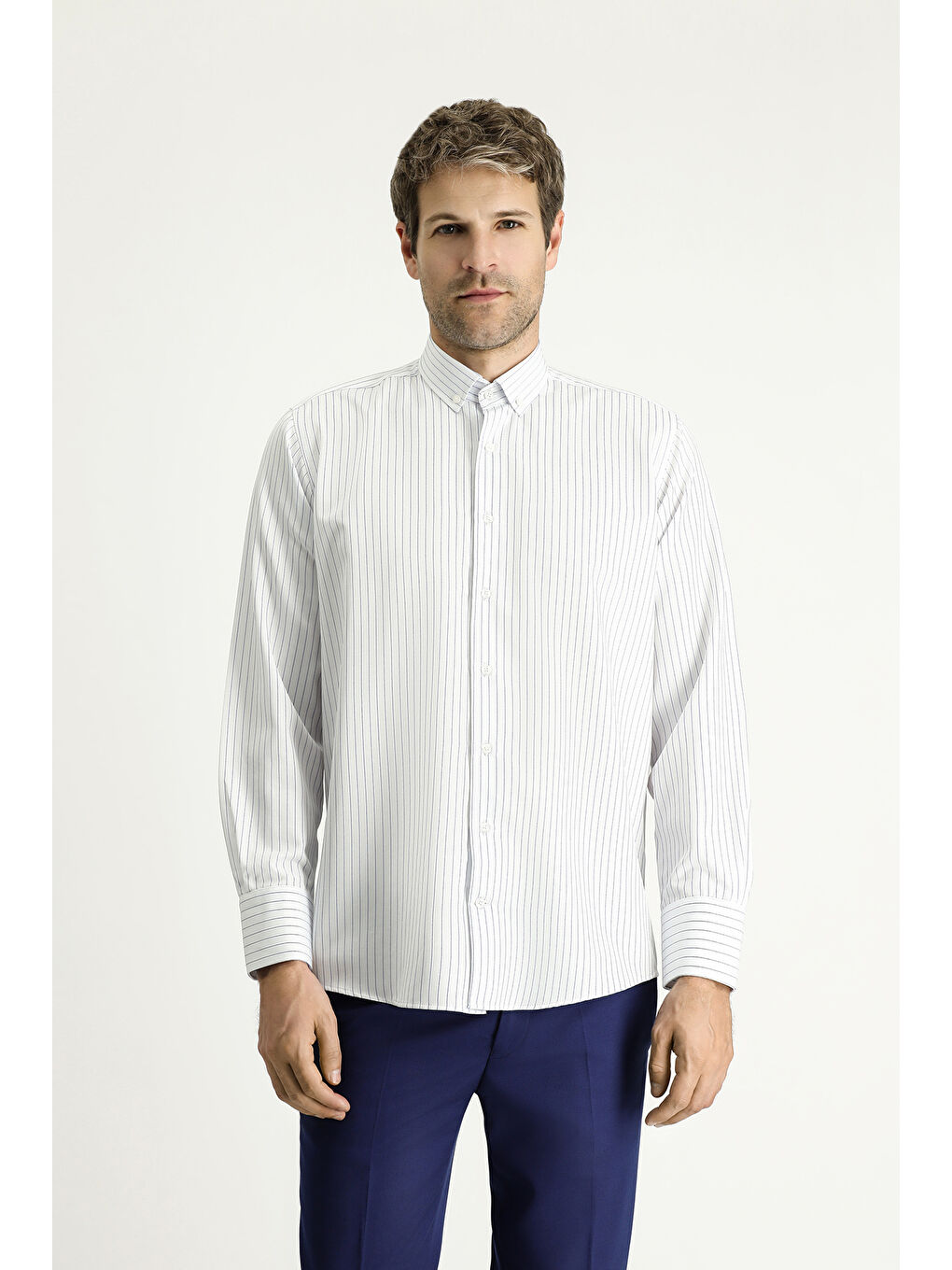 Mavi Uzun Kol Klasik Çizgili Pamuklu Kolay Ütülenebilir Gömlek-3