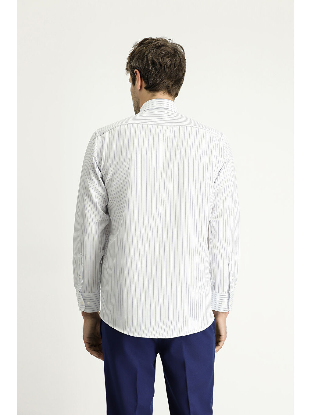 Mavi Uzun Kol Klasik Çizgili Pamuklu Kolay Ütülenebilir Gömlek-4