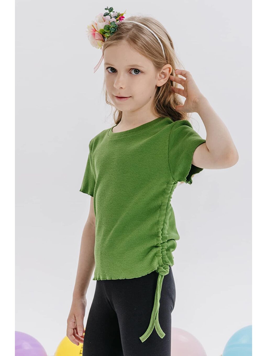 Kız Çocuk Tişört Yanları Büzgülü Haki Yeşil (8-14 Yaş)-1
