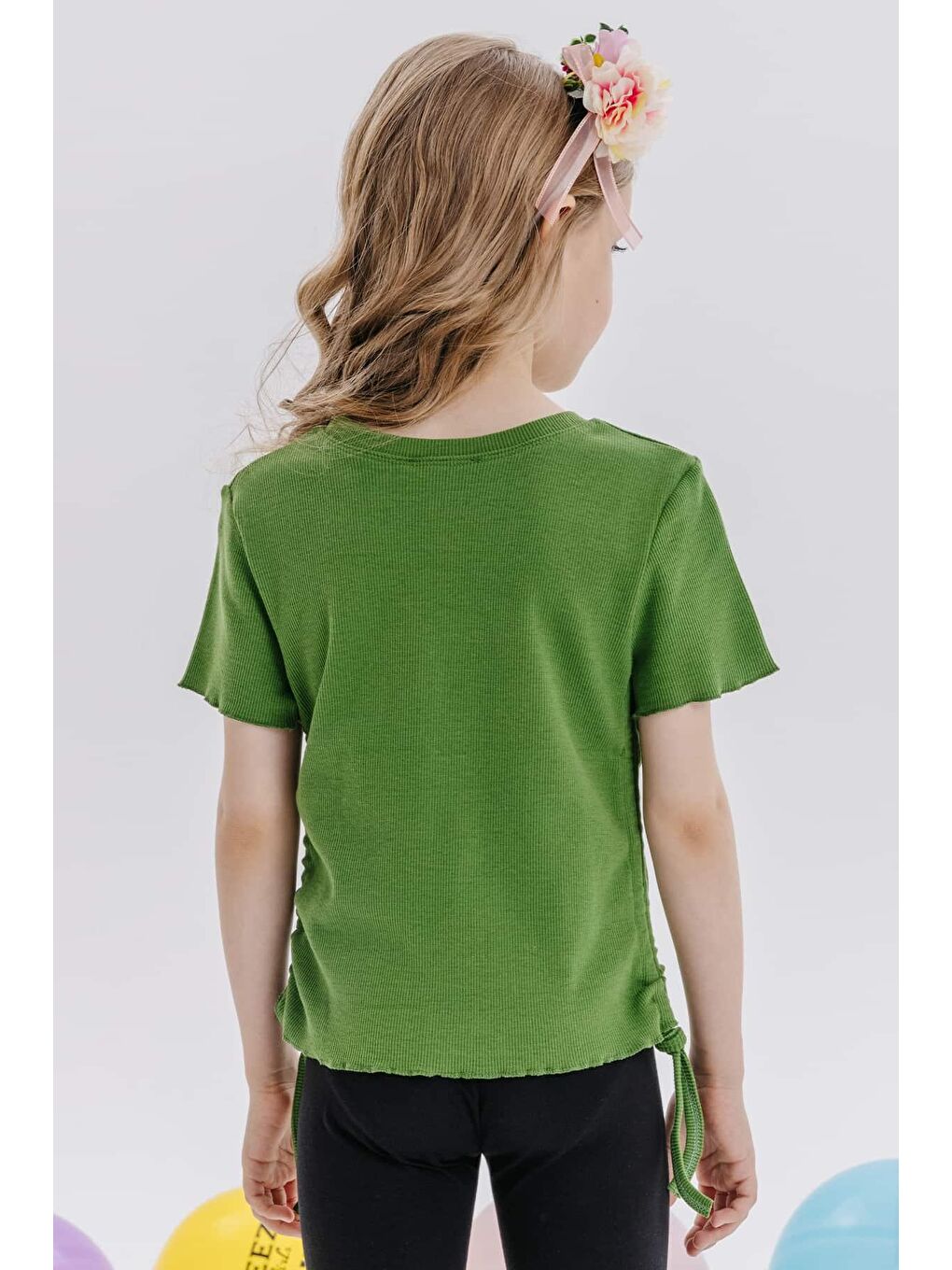 Kız Çocuk Tişört Yanları Büzgülü Haki Yeşil (8-14 Yaş)-2