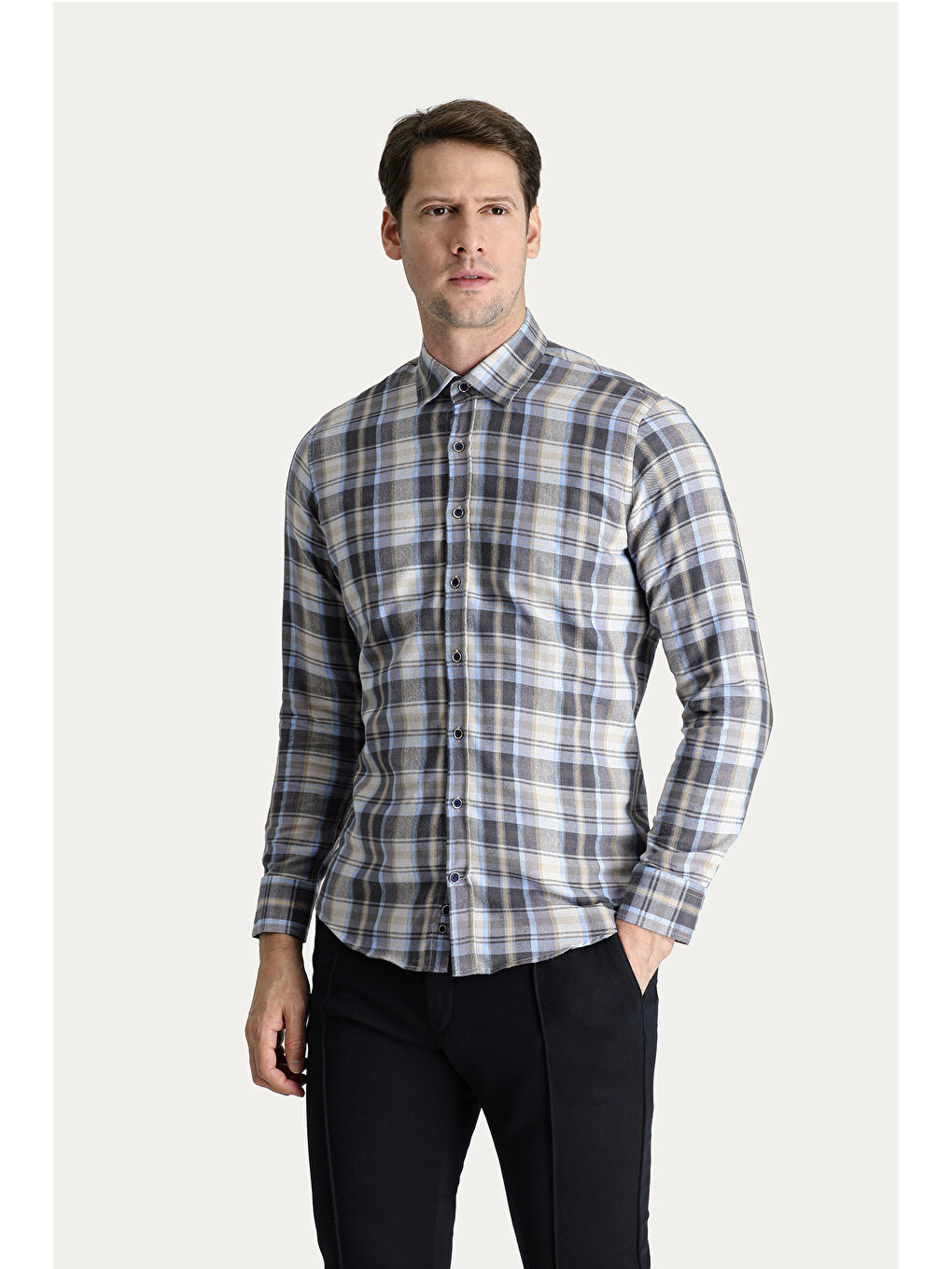 Gri Uzun Kol Slim Fit Dar Kesim Ekose Oduncu Pamuklu Kolay Ütülenebilir Gömlek-2