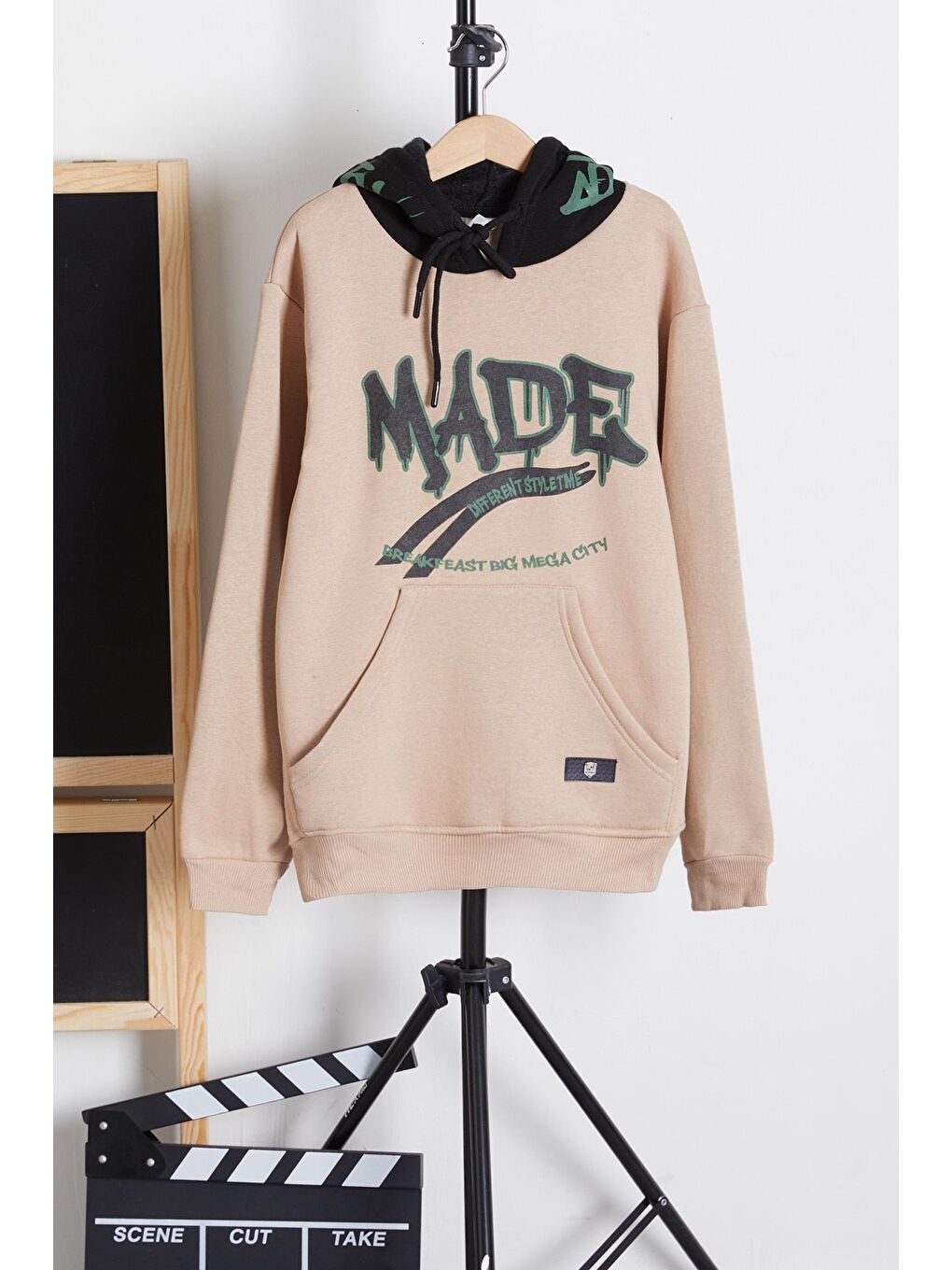 Ekru Erkek Çocuk Kapüşonlu Kanguru Cepli Sweatshirt 14162