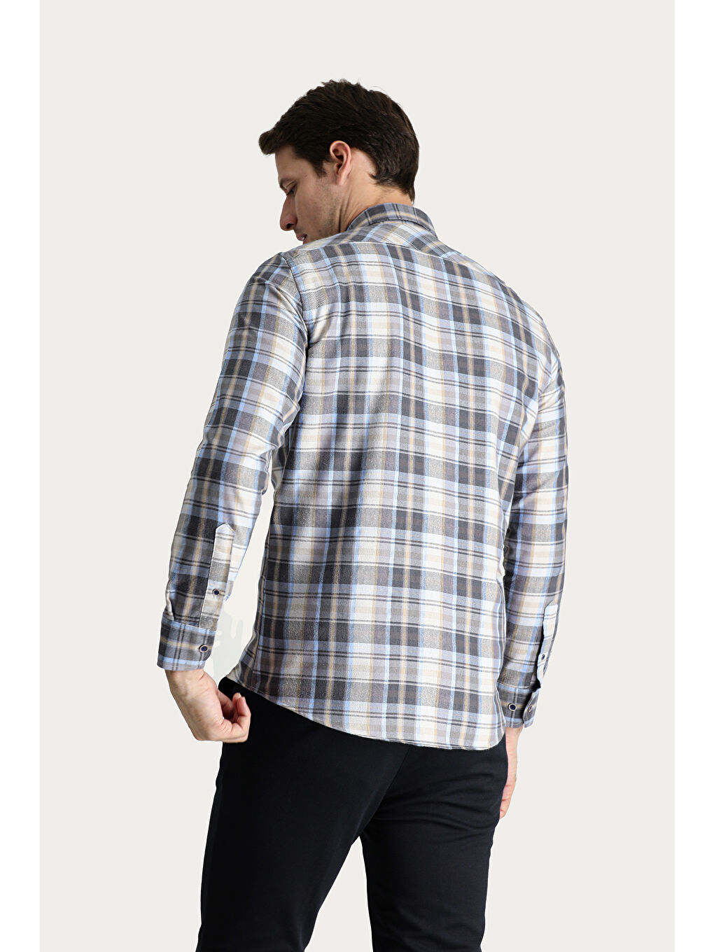 Gri Uzun Kol Slim Fit Dar Kesim Ekose Oduncu Pamuklu Kolay Ütülenebilir Gömlek-3