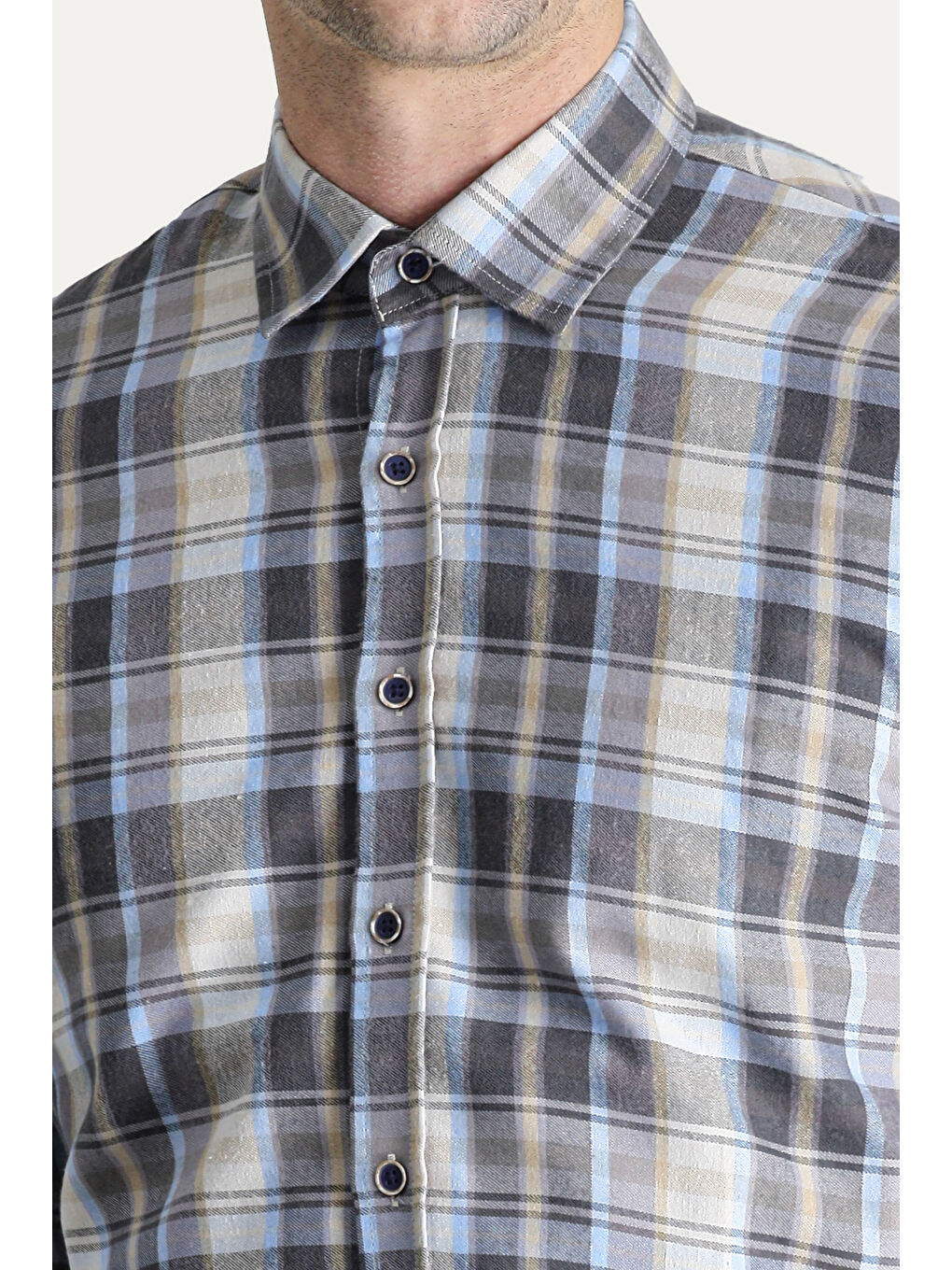 Gri Uzun Kol Slim Fit Dar Kesim Ekose Oduncu Pamuklu Kolay Ütülenebilir Gömlek-4