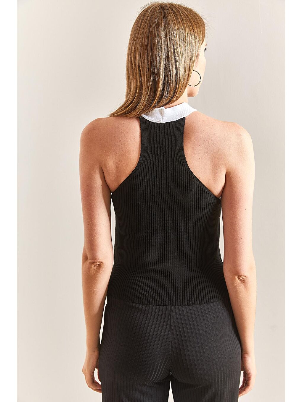 Çapraz Askılı Fitilli Triko Bluz - Siyah-1