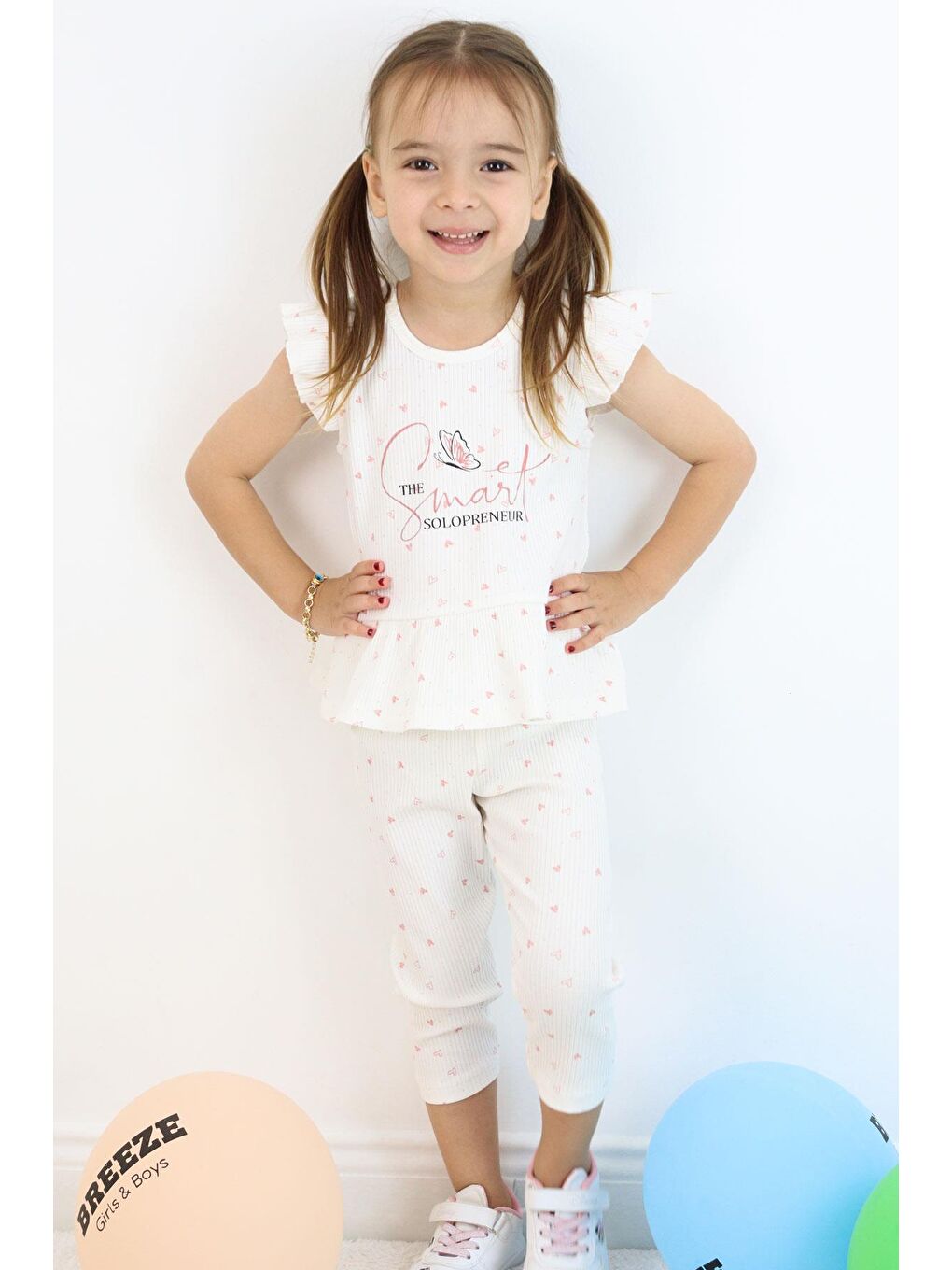 Kız Çocuk Taytlı Takım Minik Kalpler Desenli Yazı Baskılı Fırfırlı Ekru (2-6 Yaş)-2