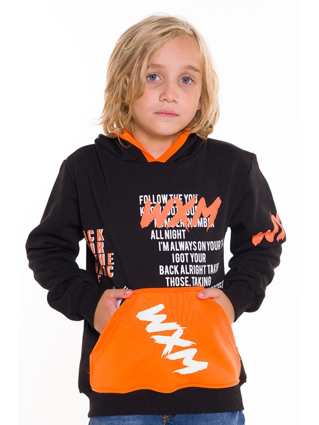 Siyah Erkek Çocuk WXM Yazı Baskılı Kapüşonlu Sweatshirt 14132