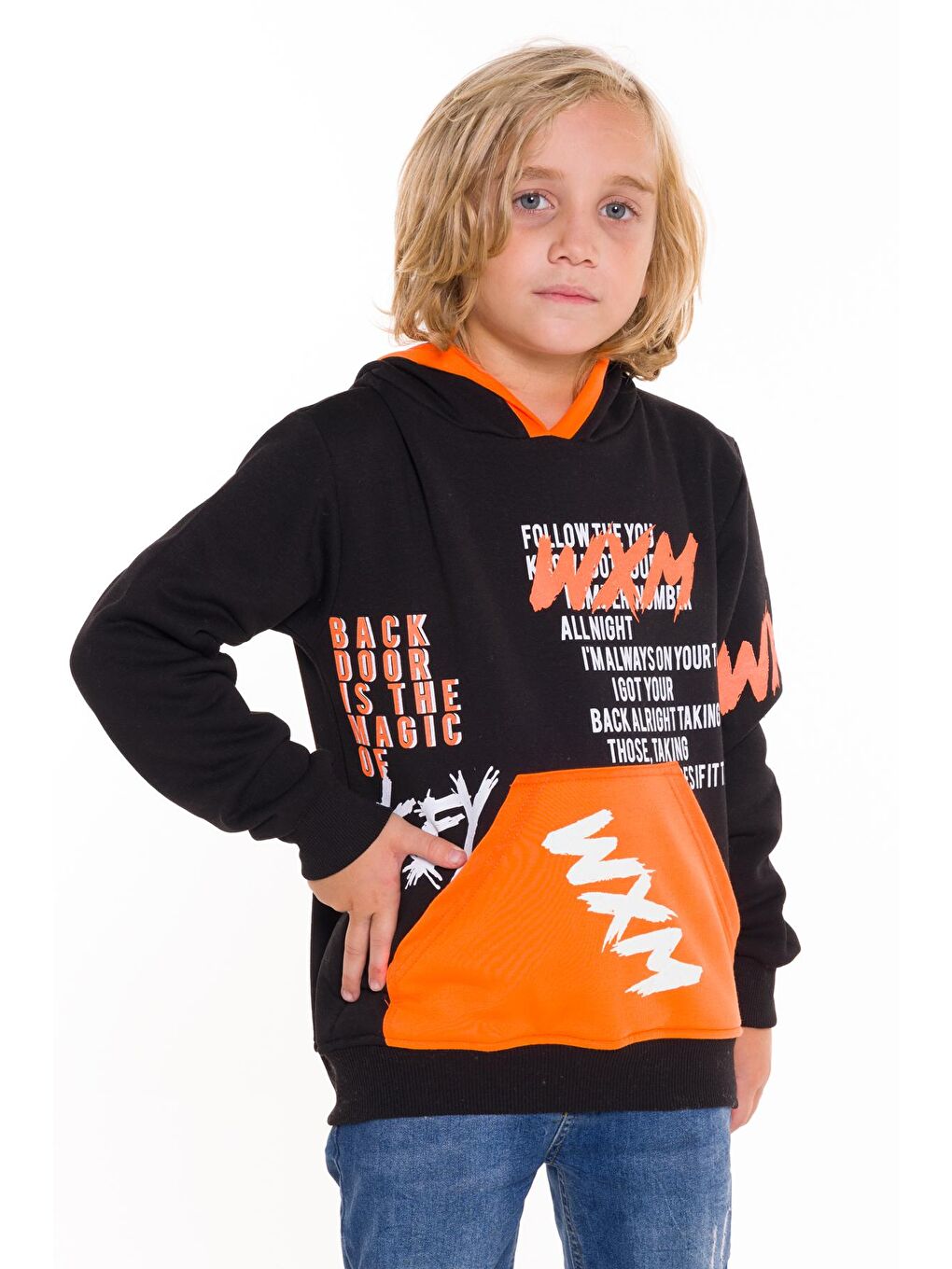 Siyah Erkek Çocuk WXM Yazı Baskılı Kapüşonlu Sweatshirt 14132-1