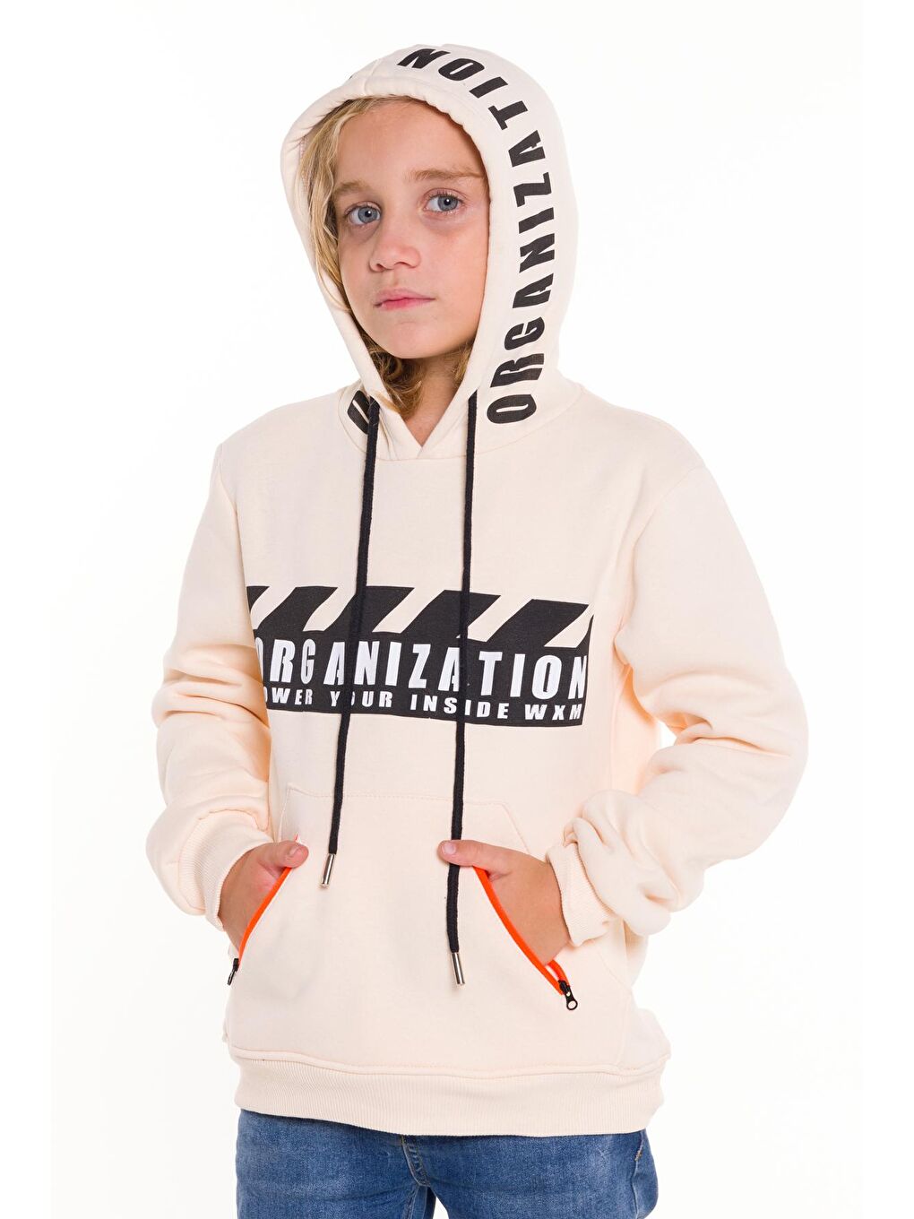 Ekru Erkek Çocuk Organization Yazı Baskılı Kapüşonlu Sweatshirt 14124-1