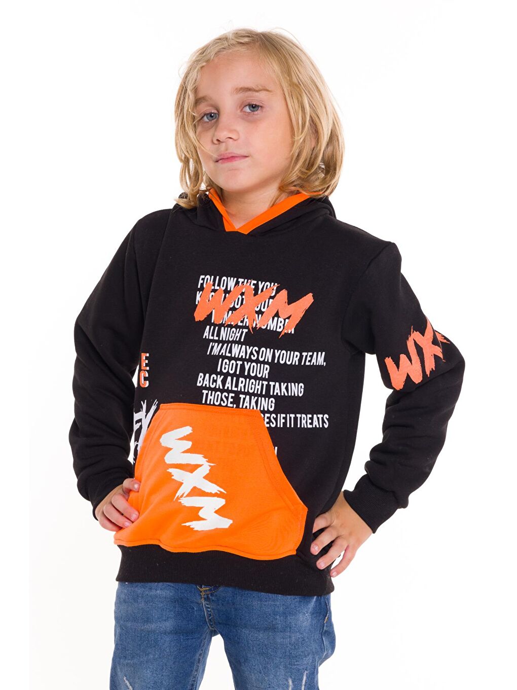 Siyah Erkek Çocuk WXM Yazı Baskılı Kapüşonlu Sweatshirt 14132-2