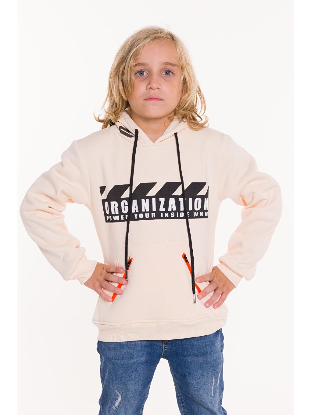 Ekru Erkek Çocuk Organization Yazı Baskılı Kapüşonlu Sweatshirt 14124-2