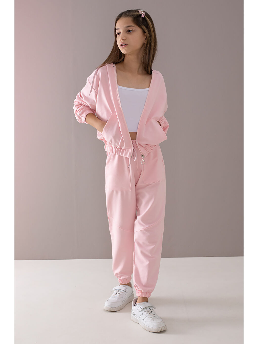 Pembe Basic Kapüşonlu Hırkalı Kız Çocuk Eşofman Takımı 19768-3