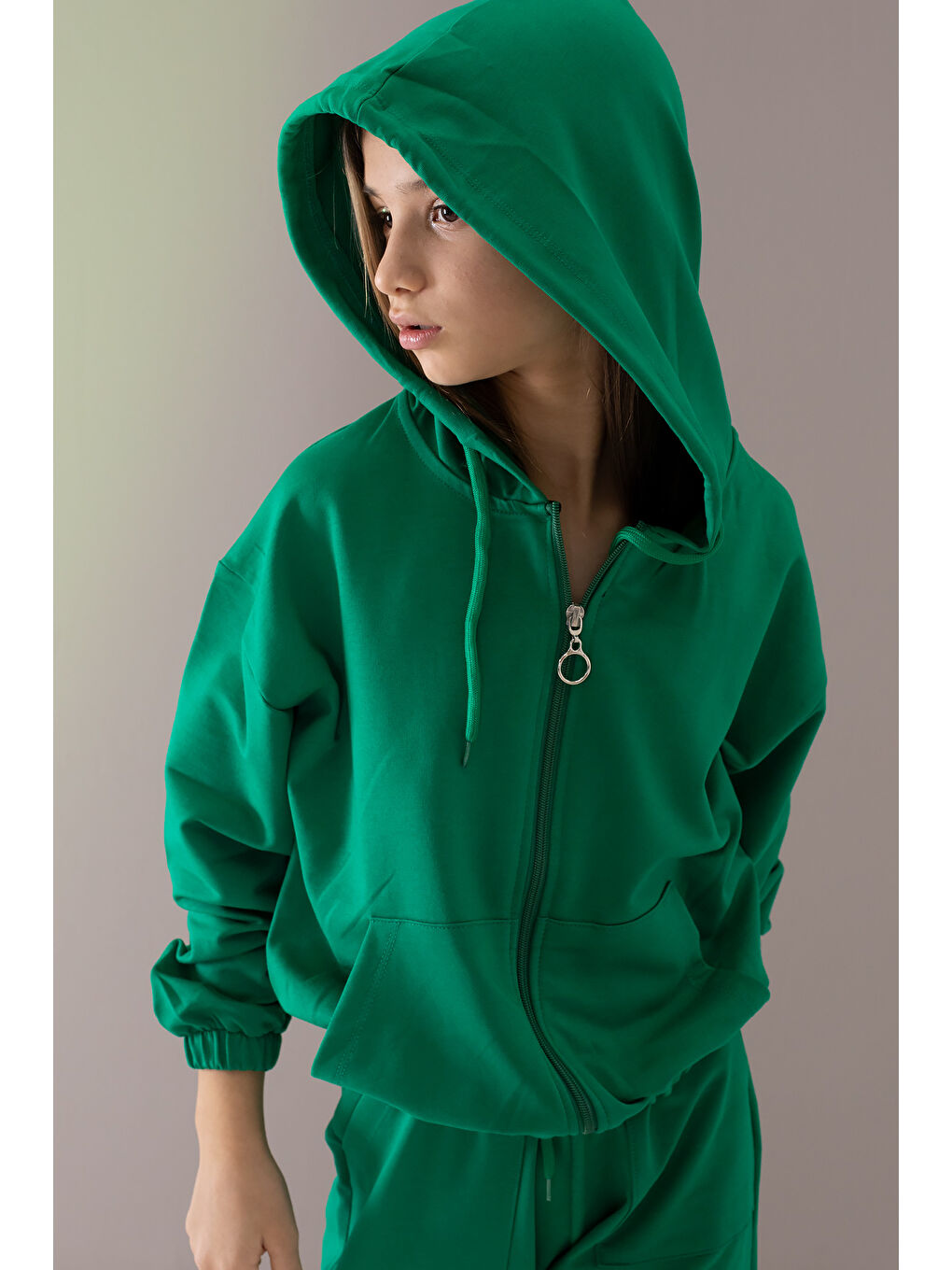 Yeşil Basic Kapüşonlu Hırkalı Kız Çocuk Eşofman Takımı 19765-1