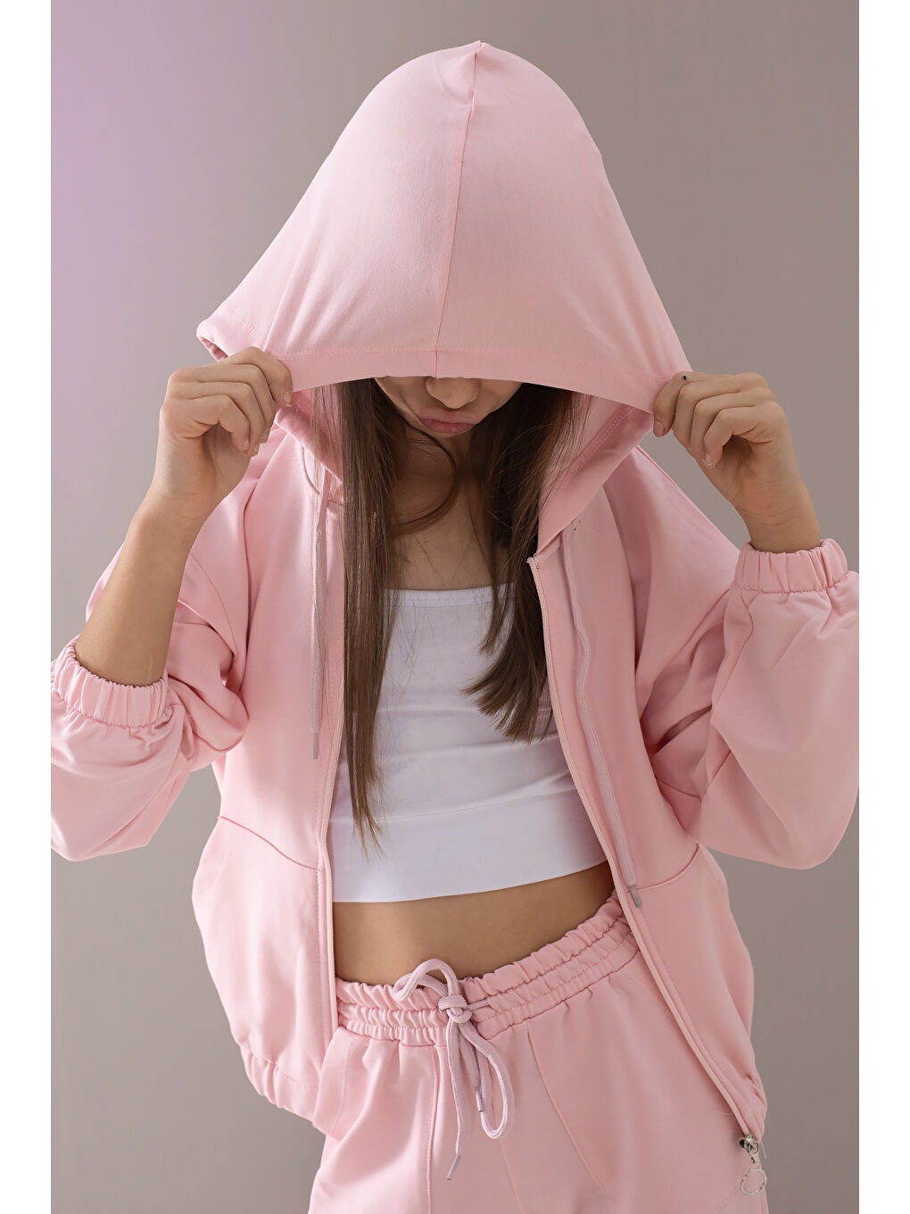 Pembe Basic Kapüşonlu Hırkalı Kız Çocuk Eşofman Takımı 19768-4
