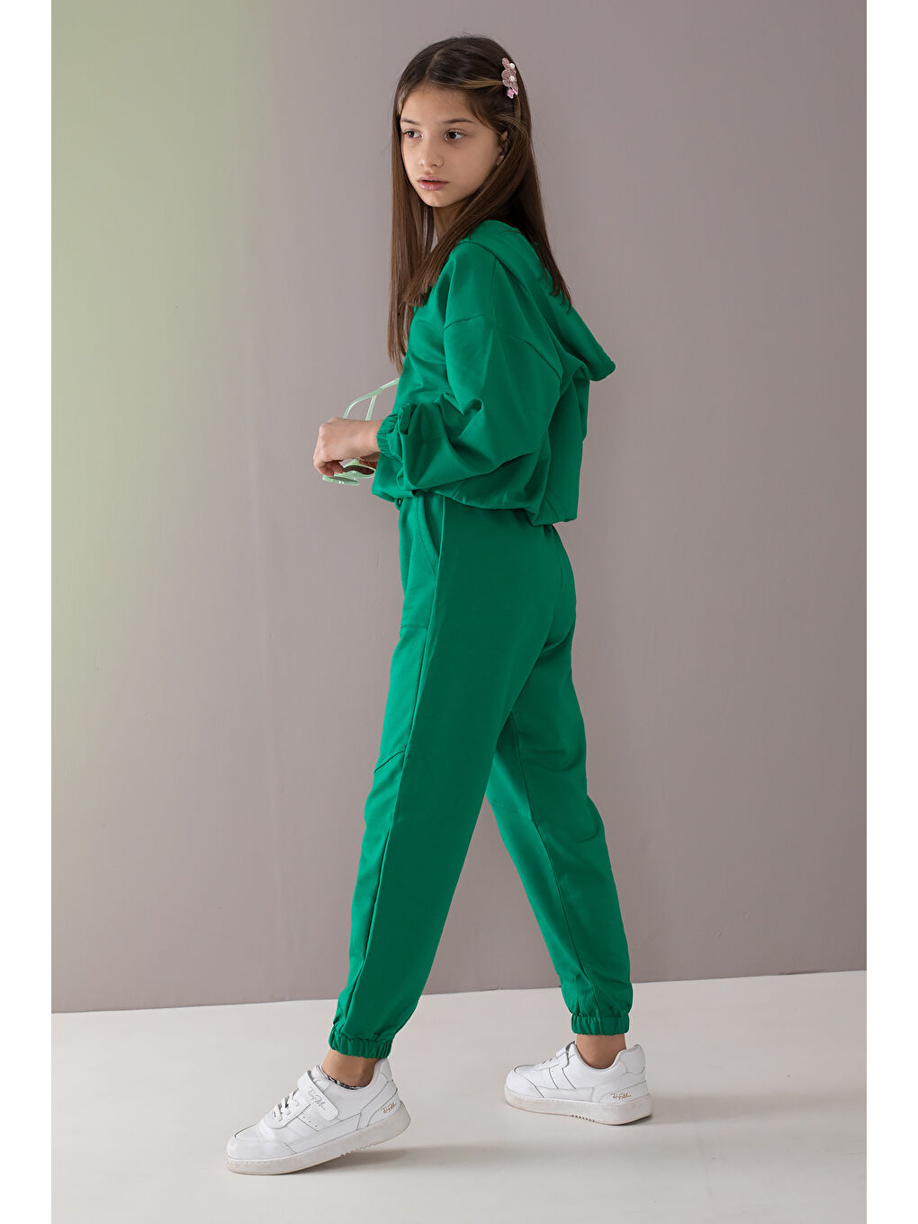 Yeşil Basic Kapüşonlu Hırkalı Kız Çocuk Eşofman Takımı 19765-2
