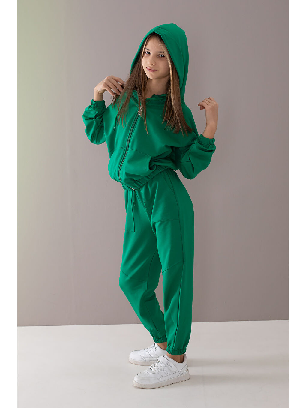 Yeşil Basic Kapüşonlu Hırkalı Kız Çocuk Eşofman Takımı 19765-3