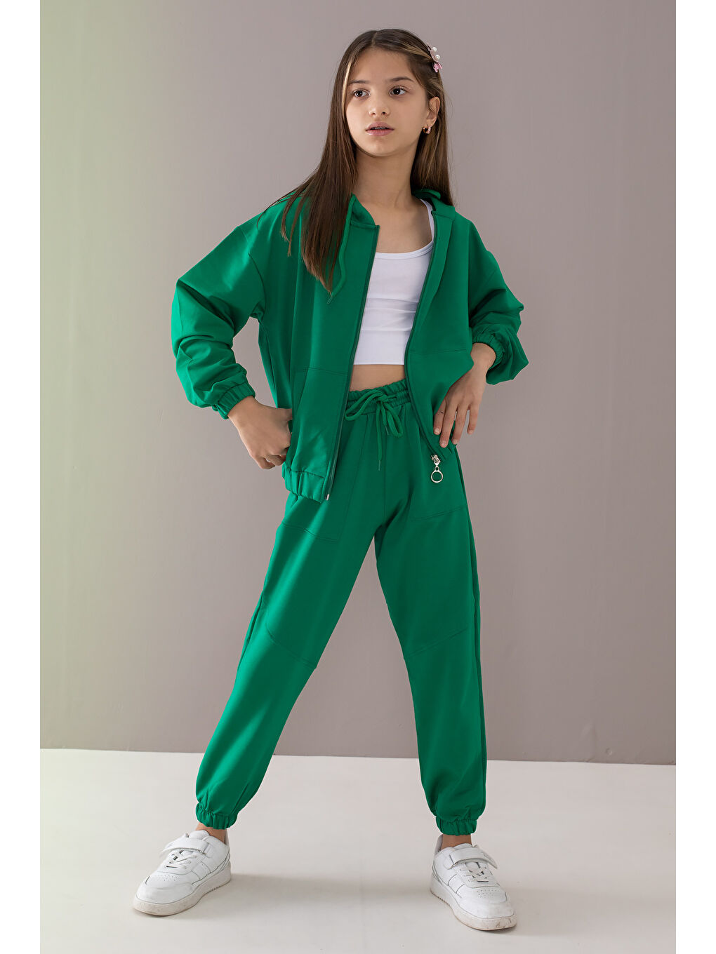 Yeşil Basic Kapüşonlu Hırkalı Kız Çocuk Eşofman Takımı 19765-4