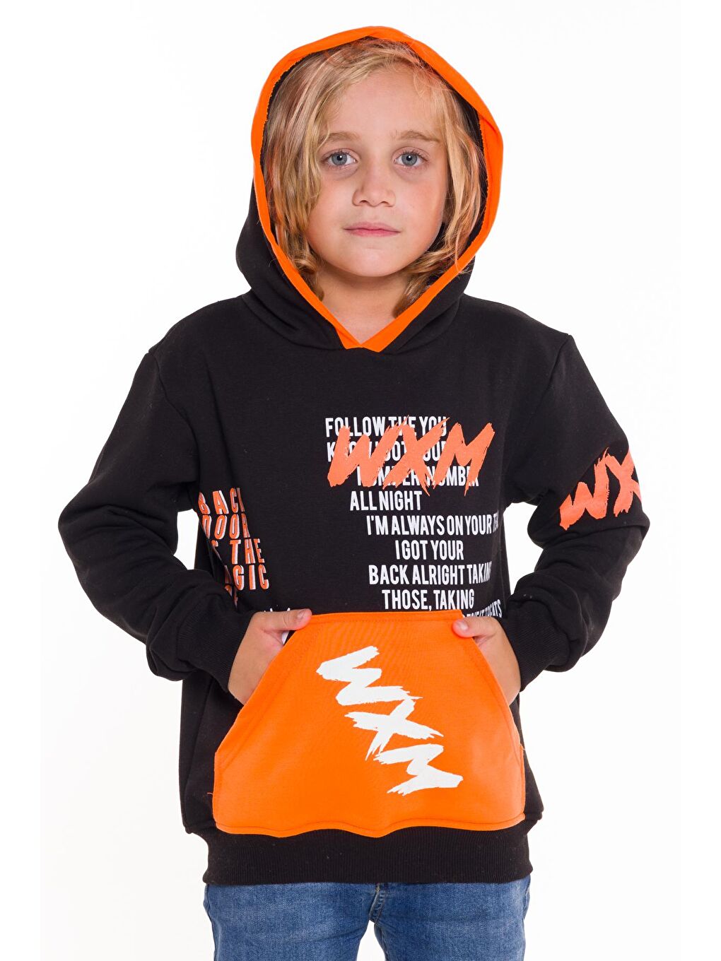Siyah Erkek Çocuk WXM Yazı Baskılı Kapüşonlu Sweatshirt 14132-3
