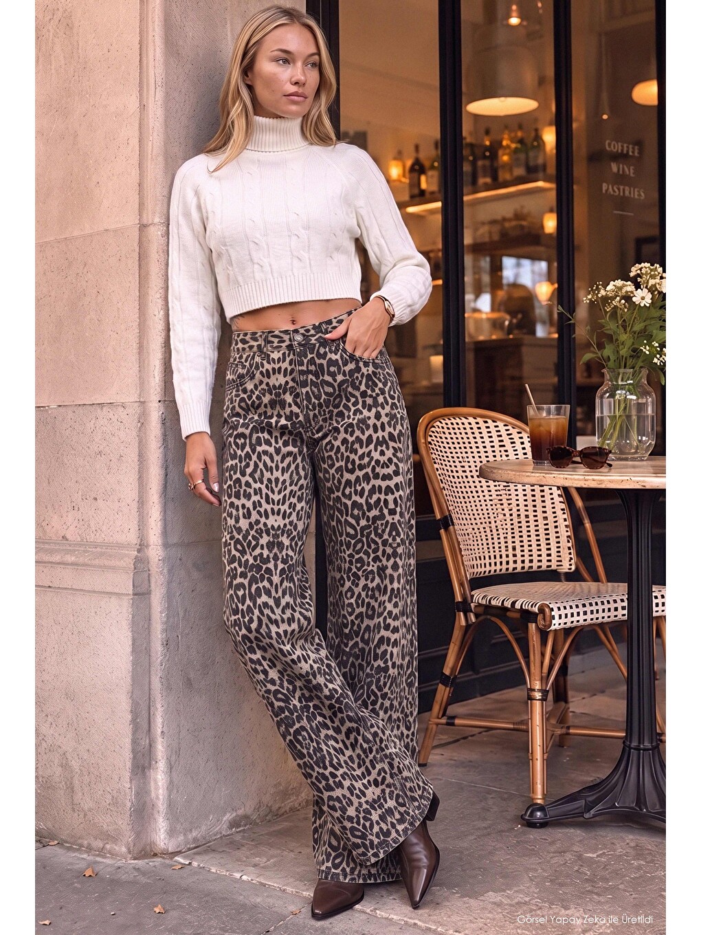 Kahverengi Kadın Leopar 1w6-26 Palazzo Fit Özel Desen Denim Jean-3