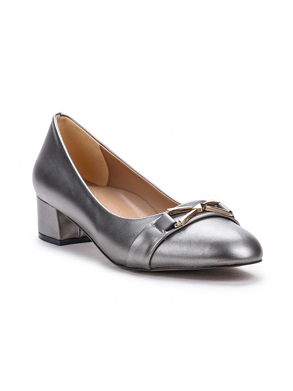 Bej Büyük Numara Kadın 4 Cm Topuklu Babet Ayakkabı Parlak Crst 200-3