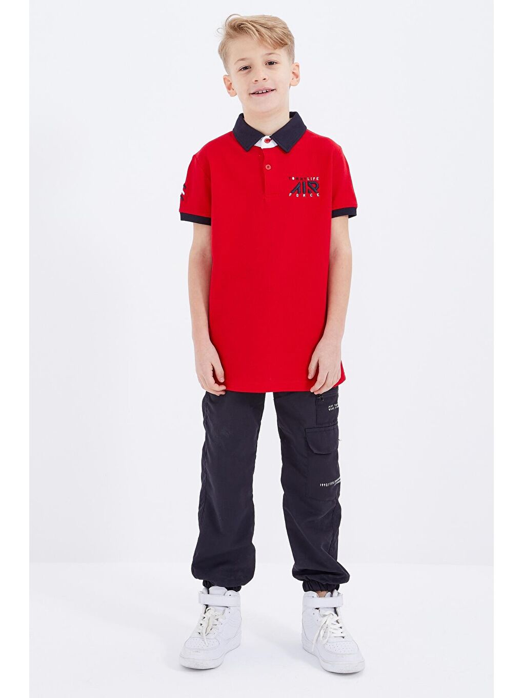 Kırmızı Air Yazılı Standart Kalıp Polo Yaka Erkek Çocuk Tişört  - 10894-1