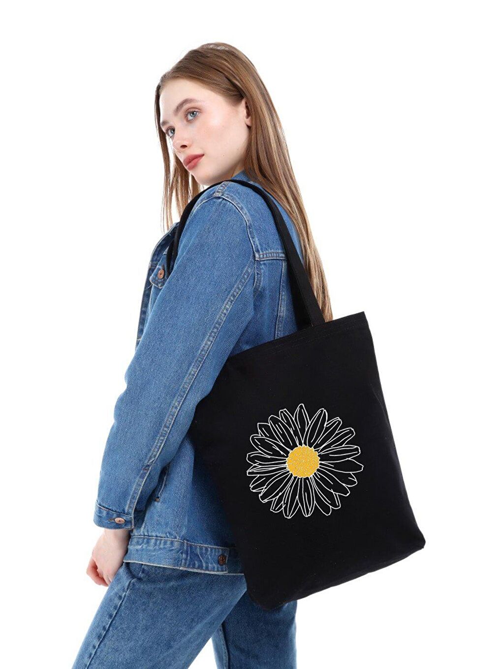 Papatya Baskılı Siyah Kanvas Çanta