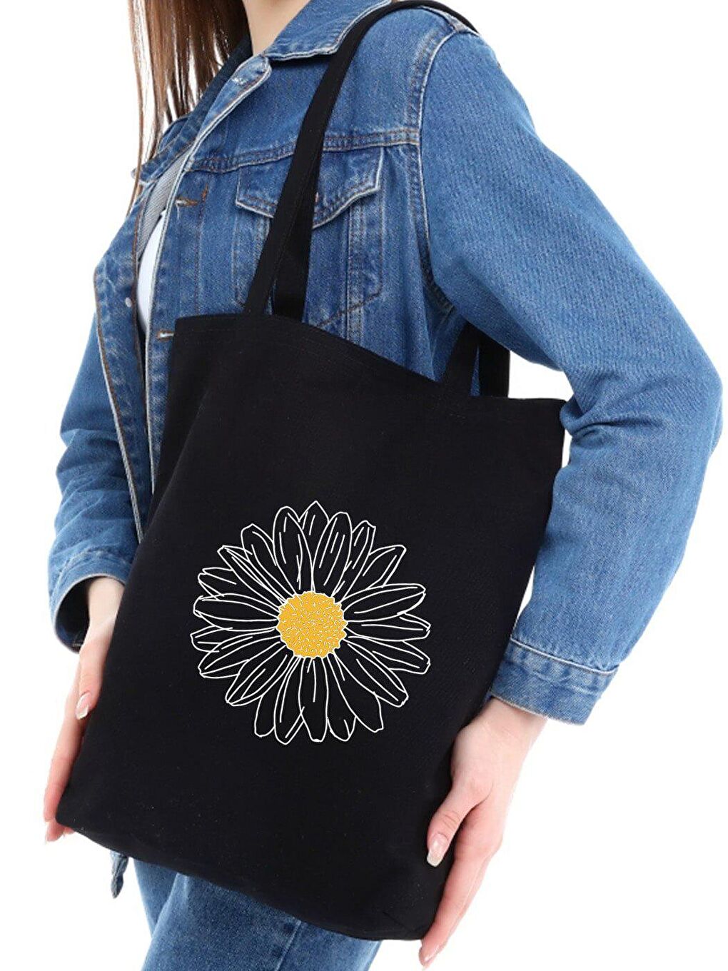 Papatya Baskılı Siyah Kanvas Çanta-1