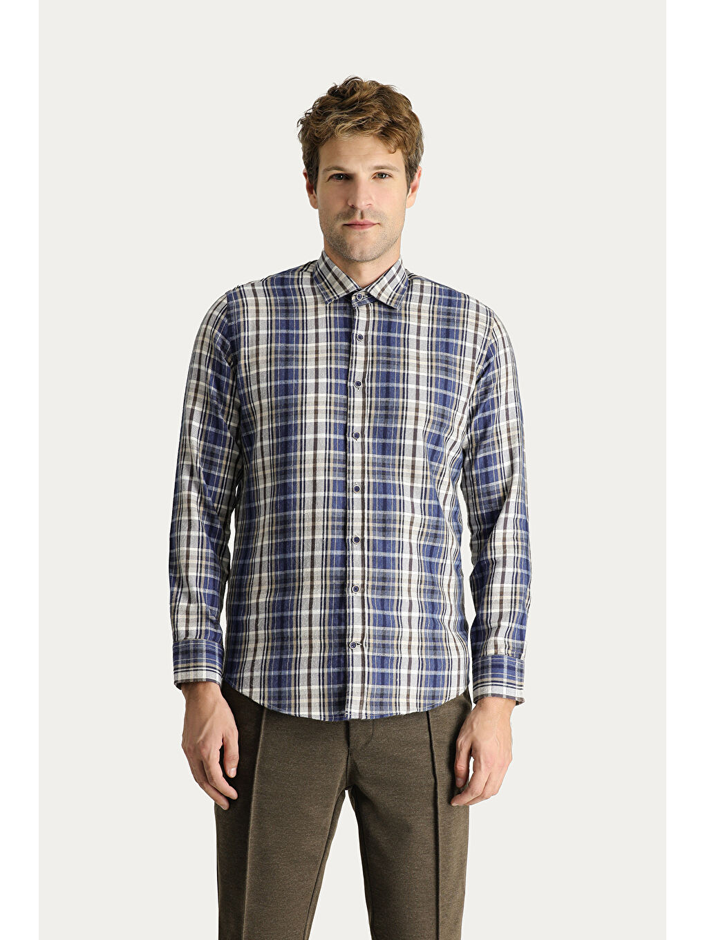 Gri Uzun Kol Slim Fit Dar Kesim Ekose Oduncu Pamuklu Kolay Ütülenebilir Gömlek-3