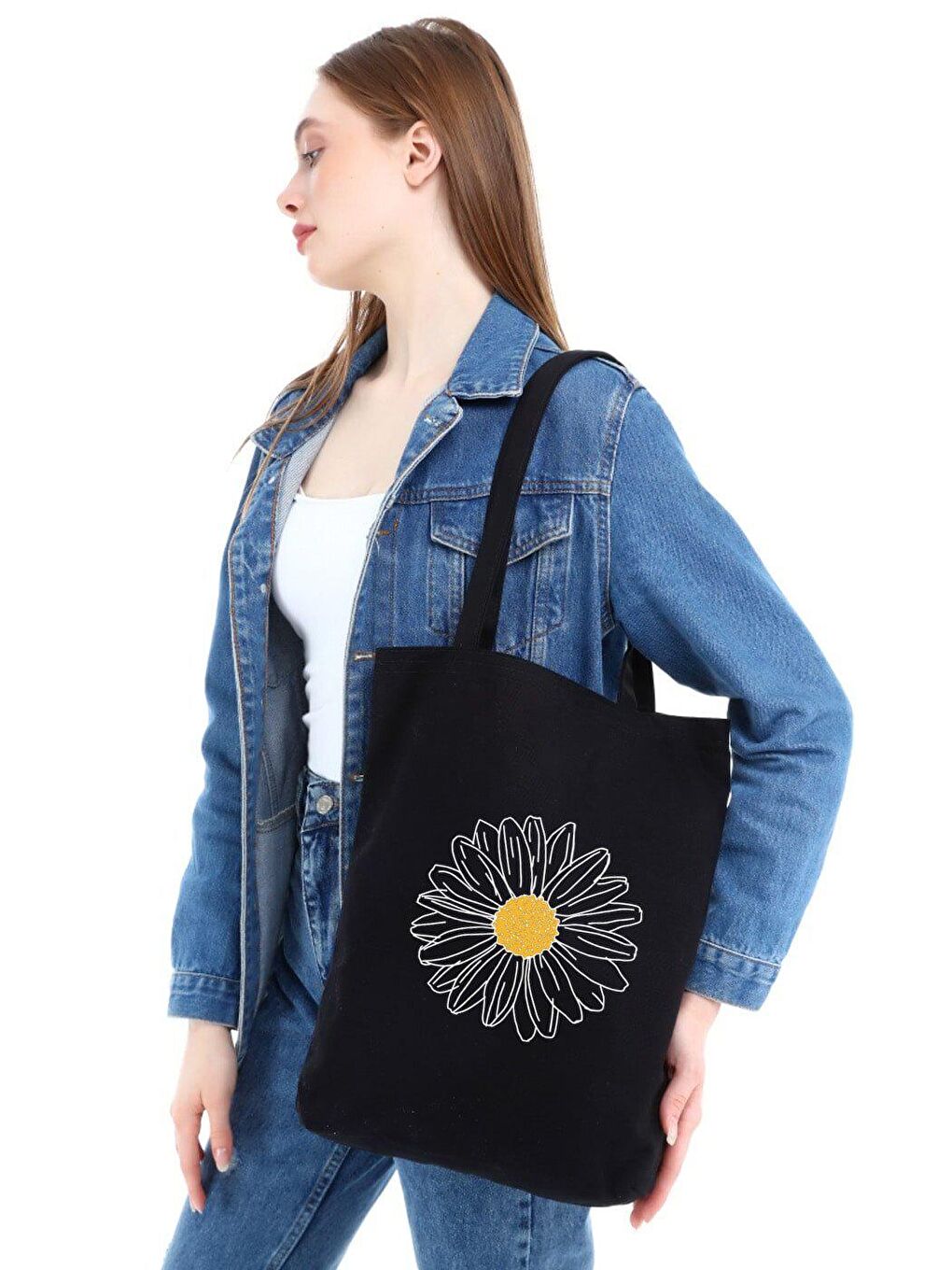 Papatya Baskılı Siyah Kanvas Çanta-2