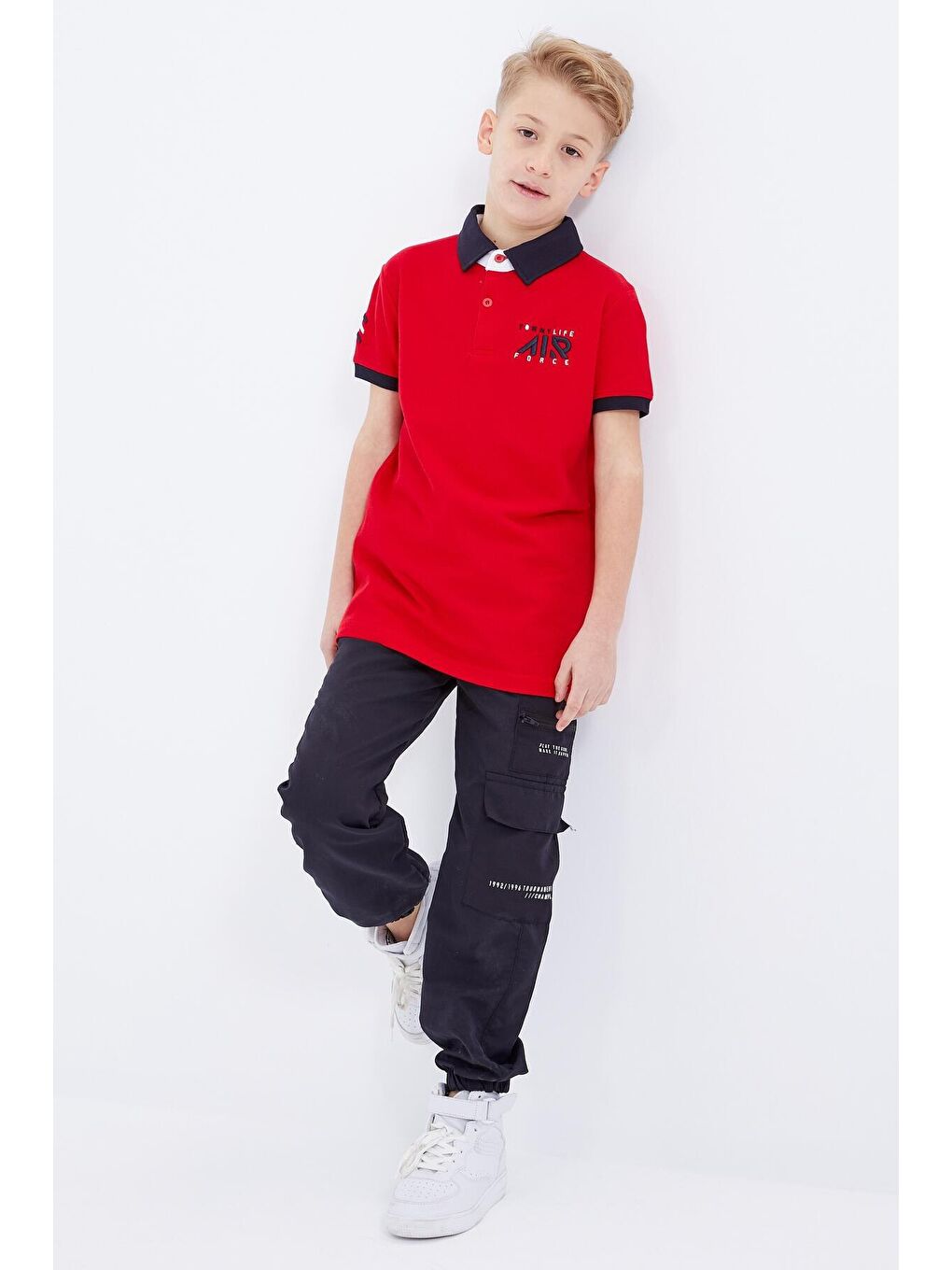 Kırmızı Air Yazılı Standart Kalıp Polo Yaka Erkek Çocuk Tişört  - 10894-3