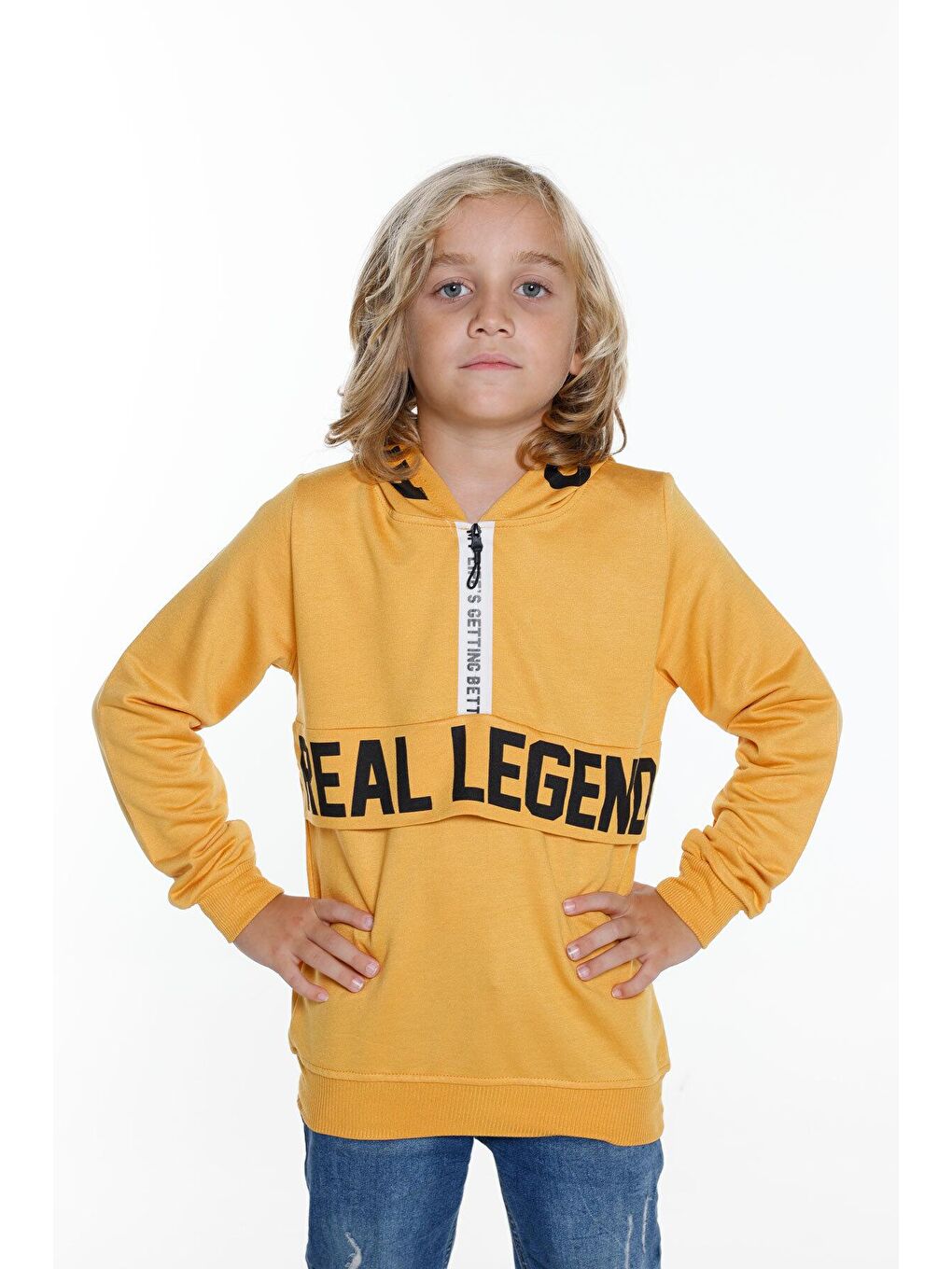 Sarı Erkek Çocuk Kapüşonlu Fermuarlı Sweatshirt 4-14 Yaş 14013-1