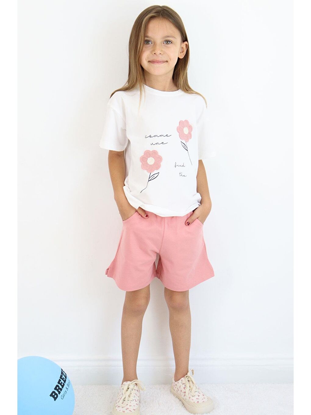 Kız Çocuk Şortlu Takım Örgü Çiçek İşlemeli Ekru (9 Yaş)